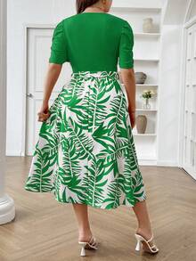 SHEIN Franclia Đầm tay phồng in họa tiết thời trang mùa hè cho nữ cỡ lớn - màu xanh lá - Xem 2