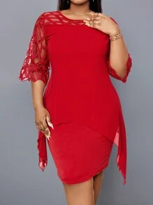 SHEIN Clasi Plus-size-kleid Mit Stickerei Und Netzstoff - Rot - Übersicht 3