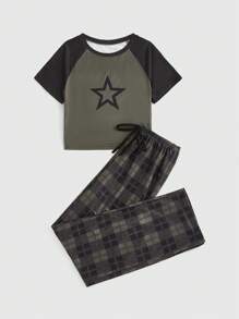 ROMWE Grunge Punk Women Short Raglan Sleeve Star Printed Plaid Shorts Pajama Set, School - Army Green - View 1