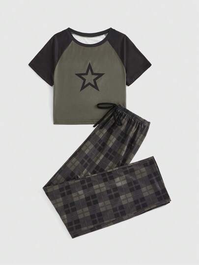 Grunge Punk Plus Size Dark Punk Star Pattern Raglan Sleeve Short Sleeve Plaid Pajama Set