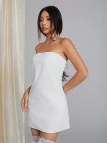 SHEIN Unity Váy mùa hè quây màu trơn với vải có họa tiết - trắng - Xem 5