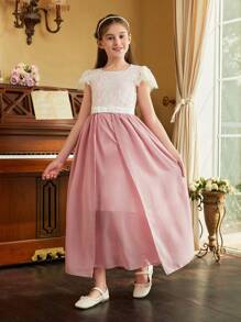SHEIN Vestido de Chiffon com Renda Para Menina Pré-Adolescente Para a Temporada de Casamentos Como Vestido de Dama de Honra