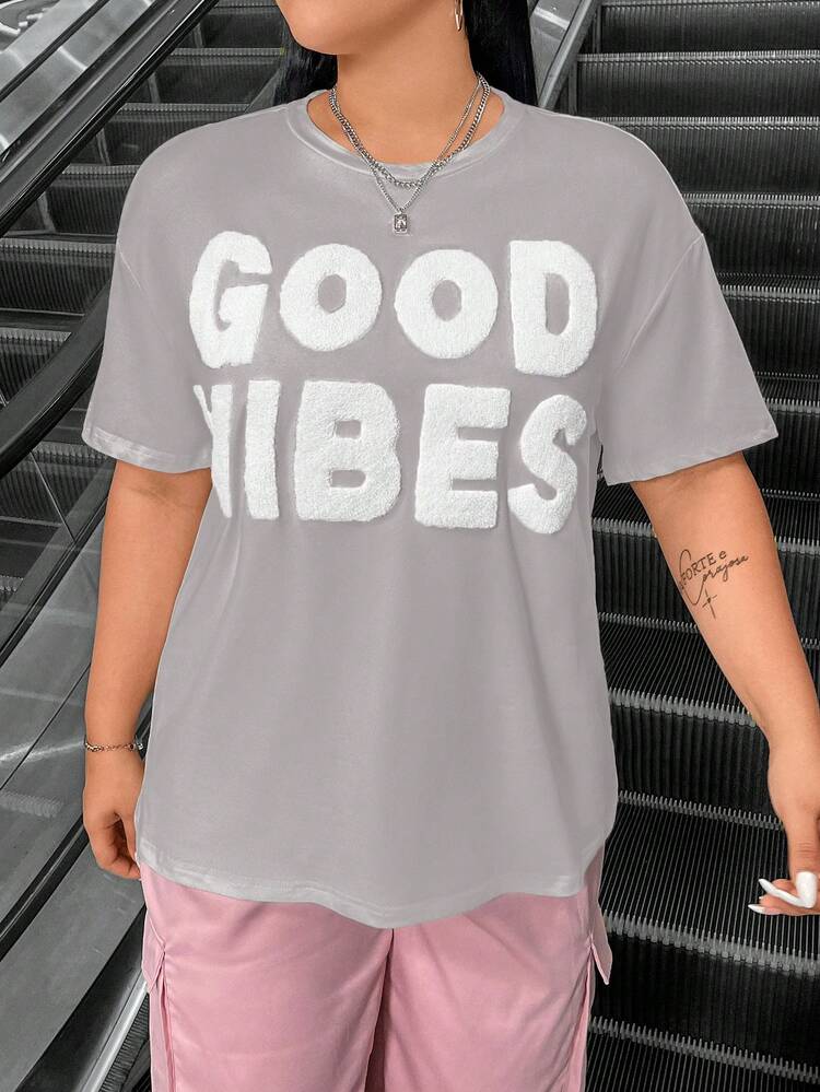 Plus Size Summer Leisure Letter Flocking Short Cut Loose Drop Shoulder Short Sleeve T-Shirt