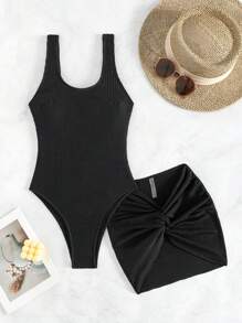 SHEIN Swim Traje De Baño De Una Pieza Sin Mangas, Corte Entallado, De Punto Acanalado De Summer Beach Y Falda Anudada