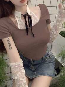 INAWLY Damska koszulka o krótkim kroju z koronkowym łączeniem 2 w 1, lato