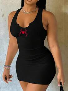 Slaydiva Casual Spider Print Sleeveless V-Neck Cutout Tight Fit Mini Dress For Women Summer Suitable For Going Out