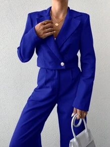 EURMUSE Women Solid Color Long Sleeve Suit Jacket And Pants, Suitable For Spring And Summer - Royal Blue - View 4