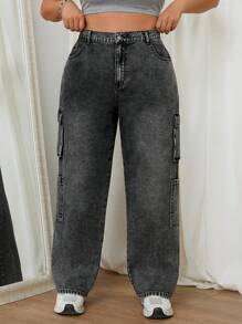 SHEIN EZwear 大尺碼黑白直筒牛仔褲，不帶彈力，多口袋設計 - 黑與白 - 查看 5