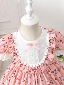 嬰兒女孩提花印花圓點對比氣泡邊蓬蓬裙洋裝 - 粉色 - 查看 4