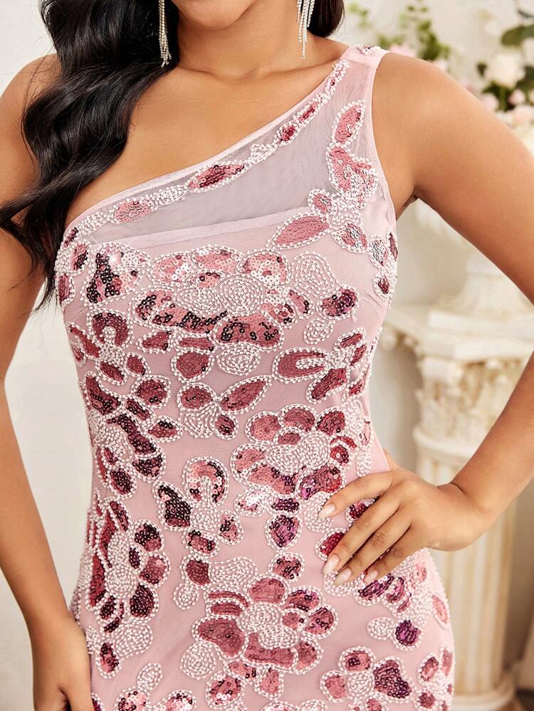 Elegant, Sexy, And Retro Floral-Patterned Mini Dress With Heavy-Duty Studs, Beads, And Glitters; Asymmetric Hemline, One-Shouldered, Low-Cut Back Design With Tassel; Perfect For Graduation, Party, Music Festival, Cocktail Party, Etc.