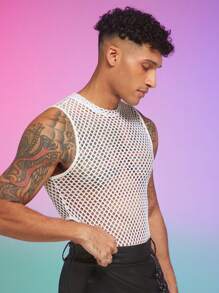 FeverCity Men Summer Hollow Knitted Casual Fashion Tank Top - White - View 3