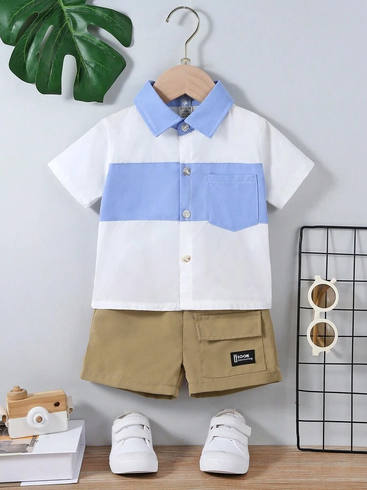 Baby Boys" Casual Blue And White Energized Patchwork Turn Down Collar Shirt And Khaki Shorts Set