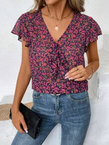 SHEIN Frenchy Vrouwen V-hals Elegant Ontwerp Rucheszoom Shirt
