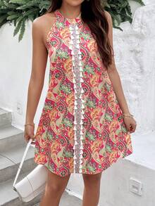 SHEIN Essnce 女士印花拼接編織帶流蘇裝飾頸後連身裙，夏威夷度假款式迷你裙 - 彩色 - 查看 3