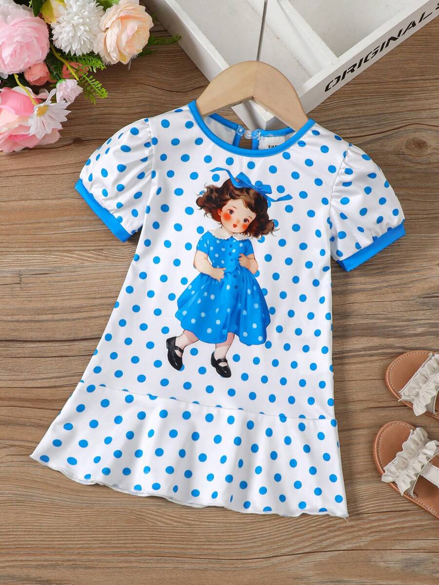 嬰兒女寶寶印花復古波點裙 - 藍色 - 查看 1