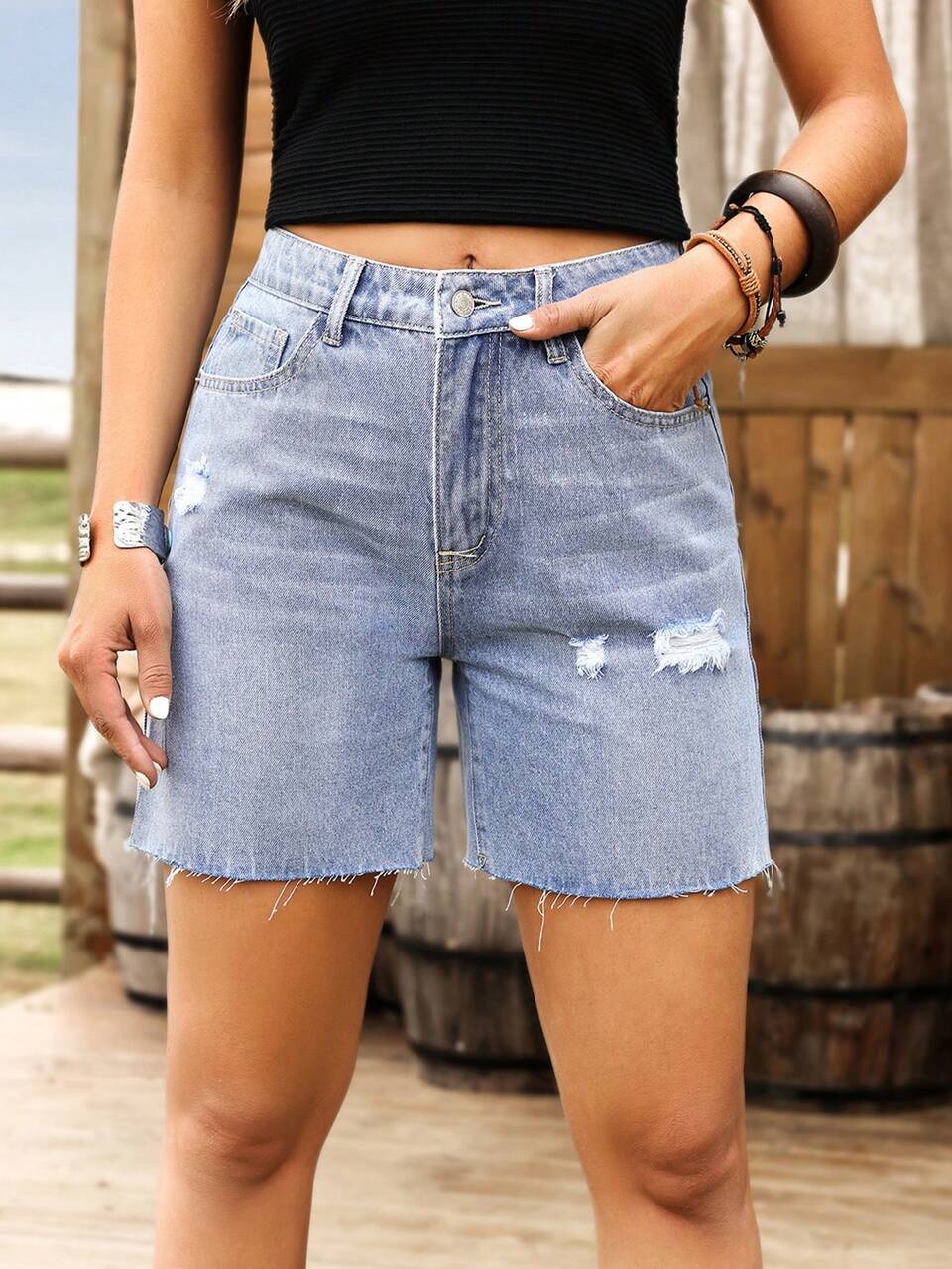 Light Blue Washed Raw Edge Distressed Denim Shorts