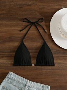SHEIN Swim Women Fashionable Summer Beach Vacation Style Solid Simple Bikini Top - Black - View 3