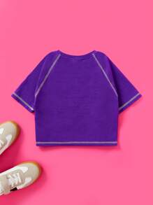 HELLO KITTY AND FRIENDS | SHEIN 青少女對比縫紉拉格蘭袖可愛休閒t卹夏季款 - 紫色 - 查看 4