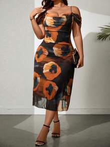 Flirla Kích thước lớn NỮ Mùa hè Hoa Off-shoulder Váy lúc lắc Với Dài - trái cam - Xem 3