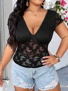 Celure Tapa De Cultivo De Encaje De Talla Grande Con Escote Pronunciado En V, Corbata Trasera Y Espalda Abierta - Negro - Ver 4