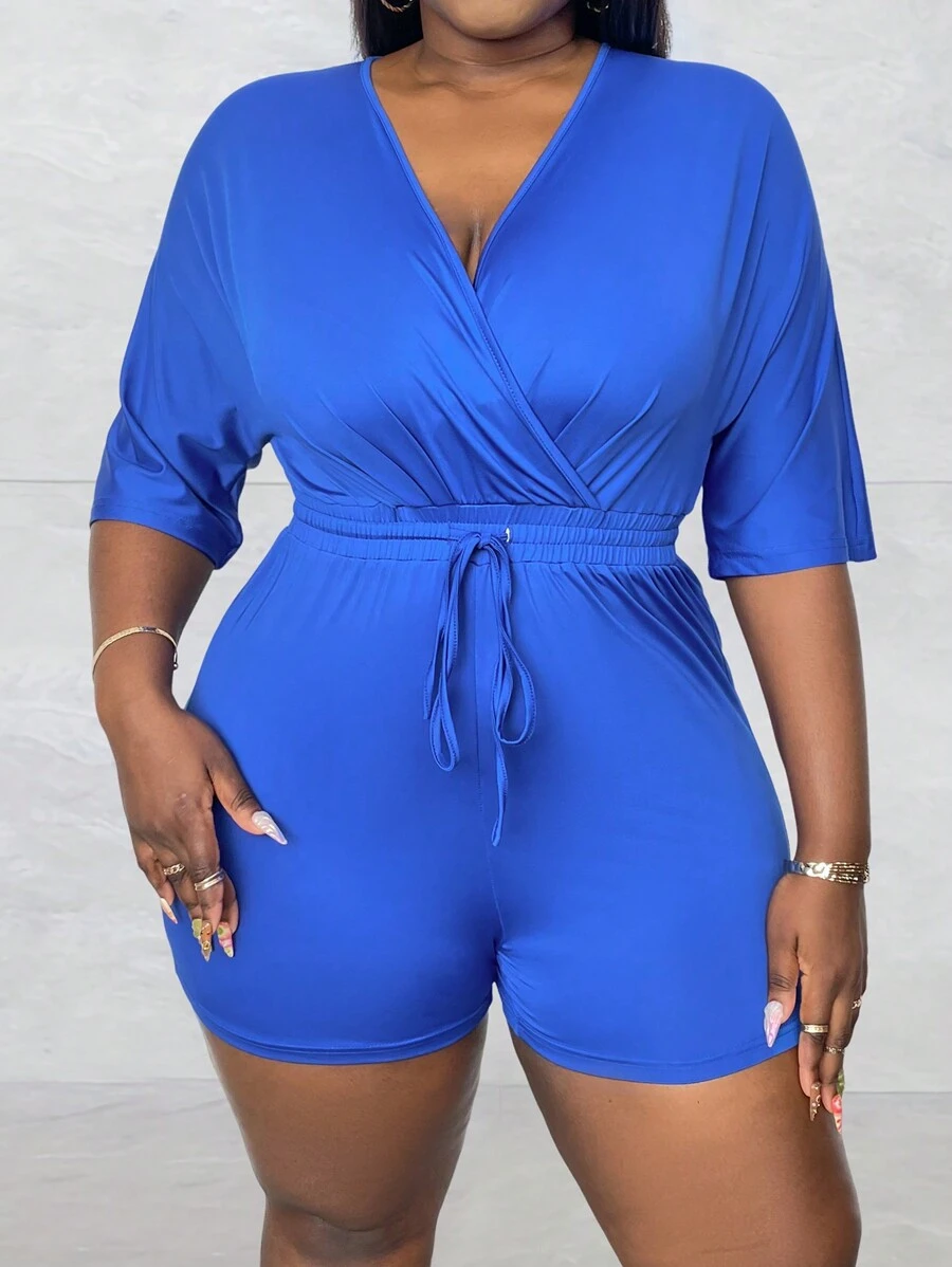 SHEIN LUNE Màu thuần Cổ chữ V Romper - Màu xanh lam - Xem 1