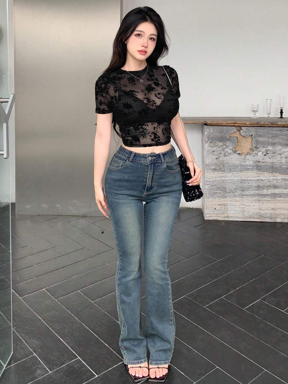 Ladies Floral Mesh See-Through Short Sleeve Cropped Slim Fit Top Going Out Tops Summer Sheer