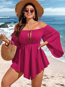 SHEIN Holidaya Cộng với kích thước màu trơn lệch vai Bộ áo liền quần viền bất đối xứng có dây rút - Màu Hồng Tươi - Xem 5