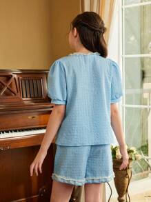 SHEIN Tween Girl Lace Butterfly Stud Princess Style Puff Sleeve Top And Shorts Set (Large) - Blue - View 2