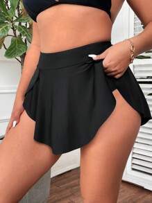 Swim Vcay Plus Size Women Summer Beach Solid Color Bikini Bottom With Ruffled Hem - Black - View 3