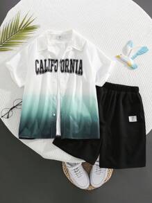 SHEIN Tween Boy Casual Streetwear Letter Printed Turn-Down Collar Short Sleeve Shirt And Solid Color Shorts Woven 2pcs/Set With Solid Color Knit Round Neck Tank Top, Multi-Pieces