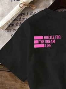 SHEIN EZwear 休闲简约英文口号图案圆领短袖修身大码女式 T 恤，适合夏季 - 黑色 - 查看 4