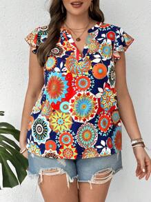 SHEIN LUNE Blusa de talla grande de verano con estampado floral colorido, cuello en V y volante en el bajo