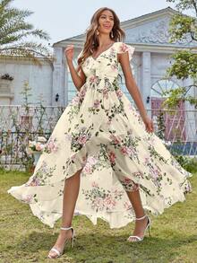 Asymmetrical Hem Printed Formal Dress With Lace Neckline - Yellow - View 5