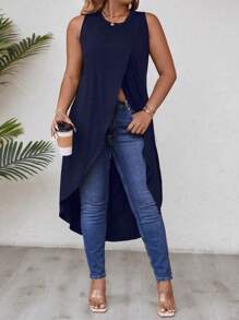 EMERY ROSE Top largo y sin mangas para verano con diseño envolvente de talla grande y dobladillo asimétrico de unicolor