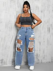 SHEIN EZwear Quần Jeans Boyfriend ống đứng rách cỡ lớn có túi xéo, thích hợp cho mùa hè - Rửa nhẹ - Xem 6