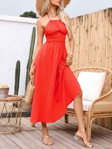 GENKIRA Summer Casual Hollow Out Waist Cinched Spaghetti Strap Dress - Red - View 3