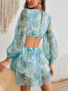 SHEIN VCAY Enterizo para mujeres con cintura alta y manga larga verde con encaje transparente para verano de vacaciones