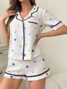 五顏六色愛心印花對比邊飾襯衫領女士睡衣套裝 - 彩色 - 查看 3