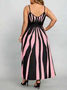SHEIN Lady Plus Size Women Summer Fashion Pionowe Paski i Kwiatowy Nadruk Sukienka Spaghetti Strap