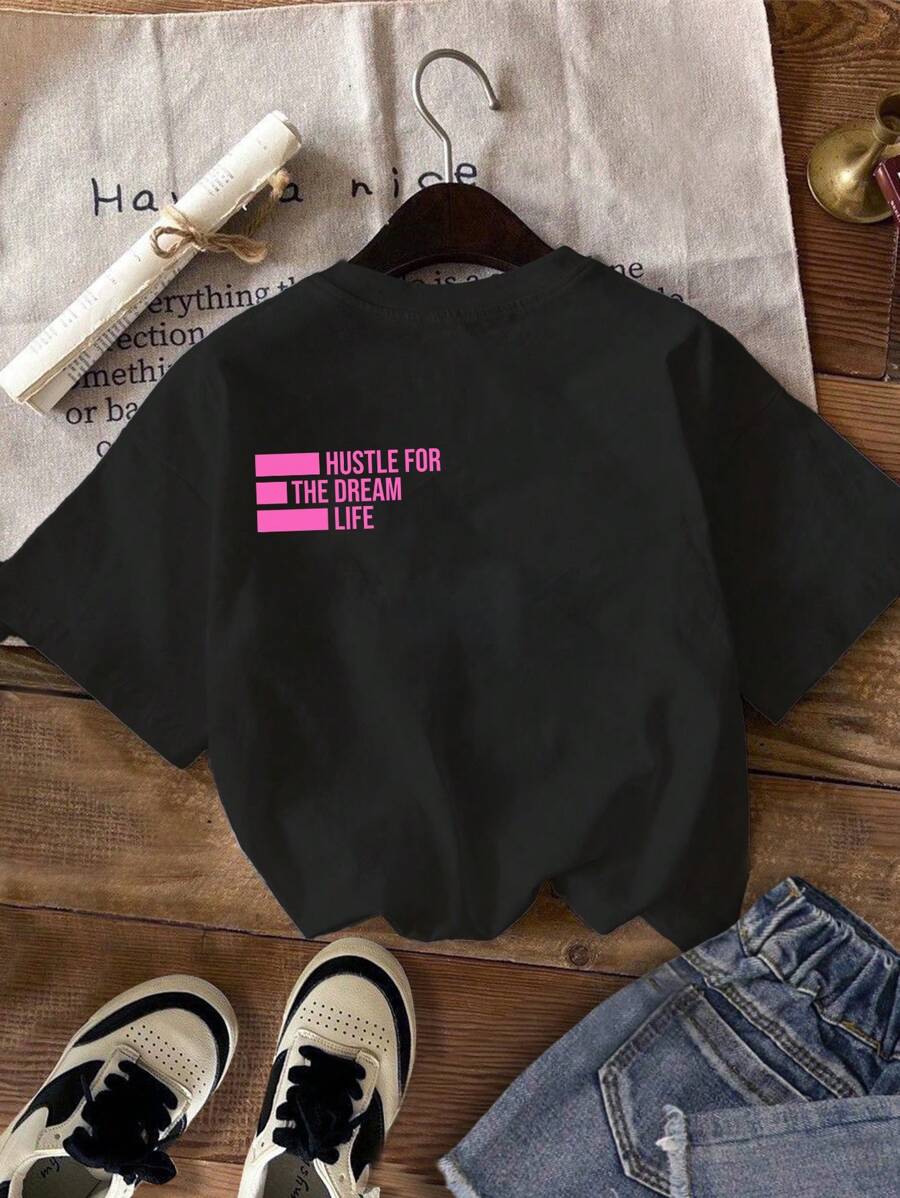 SHEIN EZwear 休闲简约英文口号图案圆领短袖修身大码女式 T 恤，适合夏季 - 黑色 - 查看 1