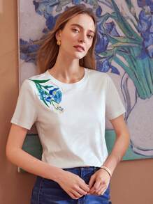 MOTF PREMIUM FLORAL EMBROIDERY SHORT SLEEVE T-SHIRT - White - View 10
