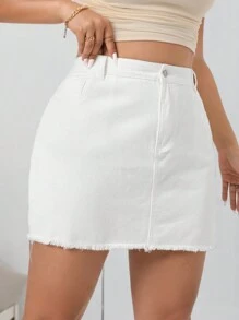 SHEIN Essnce 大尺碼夏季純色開邊牛仔裙 - 白色 - 查看 6