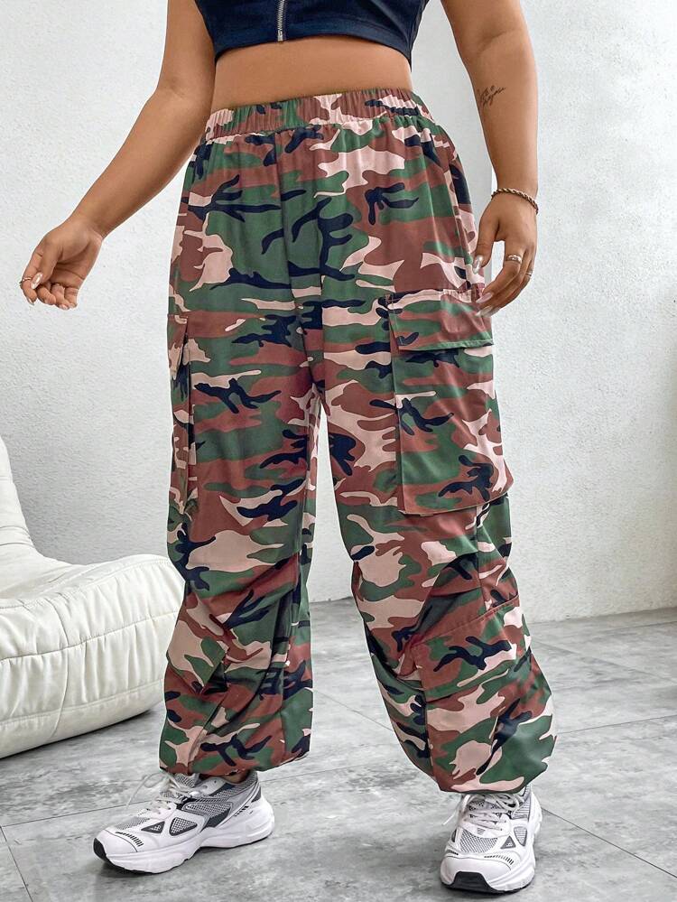 Plus Size Women Camouflage Cargo Pocketed Casual Pants Fall Cloth For Women