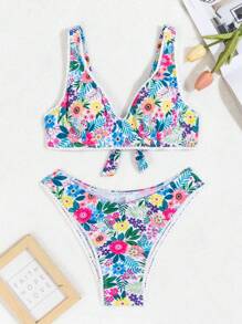 SHEIN Swim Conjunto de bikini separado de estampado aleatorio comprado, playa de verano - Multicolor - Ver 1