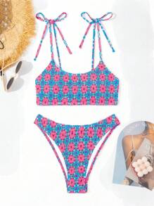 SHEIN Swim 夏季海灘花卉印花收紋推擠加厚肩帶比基尼套裝 - 彩色 - 查看 7