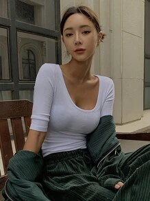 DAZY Camiseta de mujer de unicolor de punto acanalado con cuello redondo grande, para verano - Blanco - Ver 3