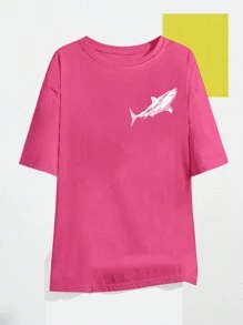 INAWLY Áo thun nữ dáng dài rộng rãi có in hình cá mập sau lưng, mùa hè - Màu Hồng Tươi - Xem 3