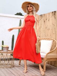 GENKIRA Summer Casual Hollow Out Waist Cinched Spaghetti Strap Dress - Red - View 4