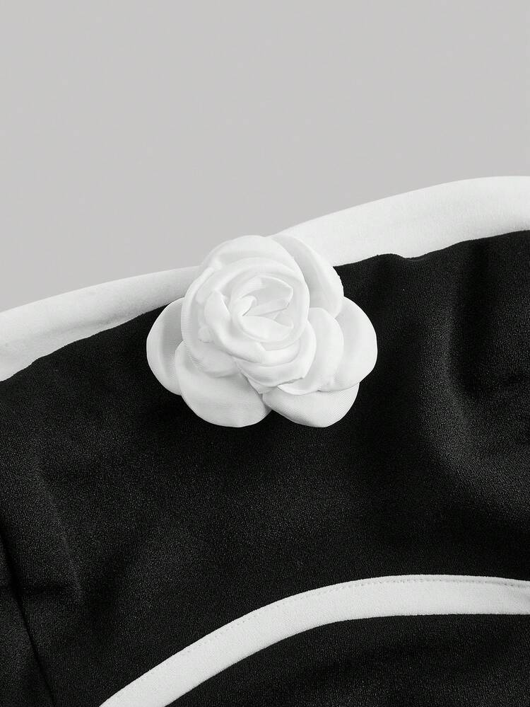 Women Fashion Summer Black And White 3D Floral Strapless Colorblock Top