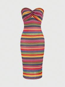 Sweetra Women's Color Block Twisted Strapless Dress, Suitable For Summer - Multicolor - View 3